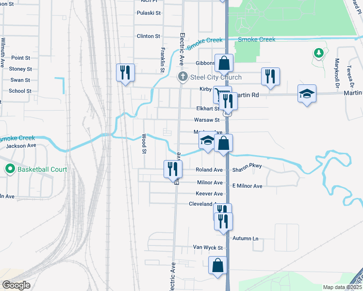 map of restaurants, bars, coffee shops, grocery stores, and more near 1692 Electric Avenue in Buffalo