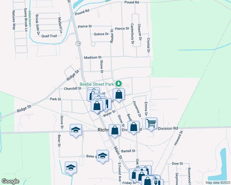 map of restaurants, bars, coffee shops, grocery stores, and more near 36000 Park Street in Richmond