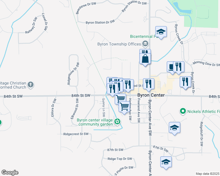 map of restaurants, bars, coffee shops, grocery stores, and more near 2697 84th Street Southwest in Byron Center