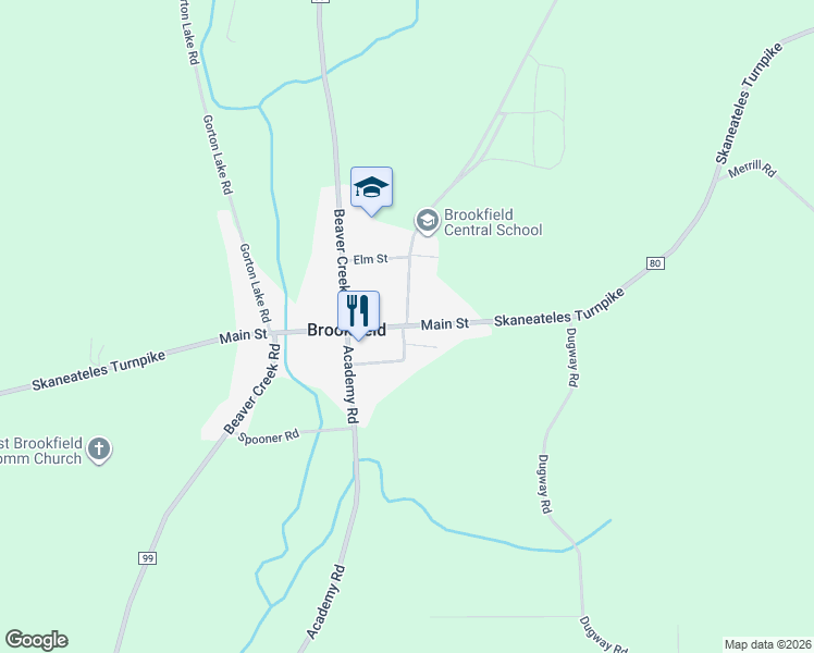 map of restaurants, bars, coffee shops, grocery stores, and more near 10440 Church Street in West Edmeston