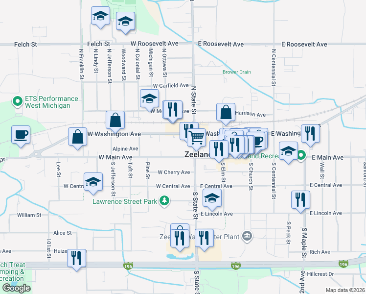 map of restaurants, bars, coffee shops, grocery stores, and more near 29 West Main Avenue in Zeeland