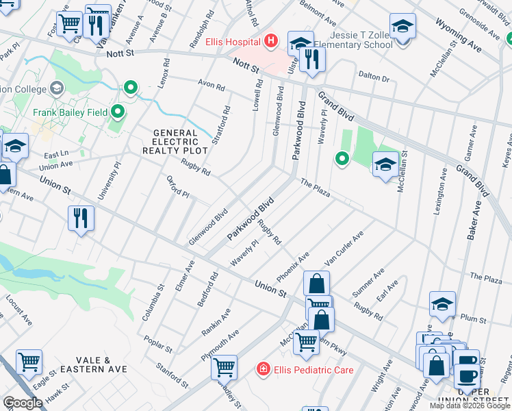 map of restaurants, bars, coffee shops, grocery stores, and more near in Schenectady