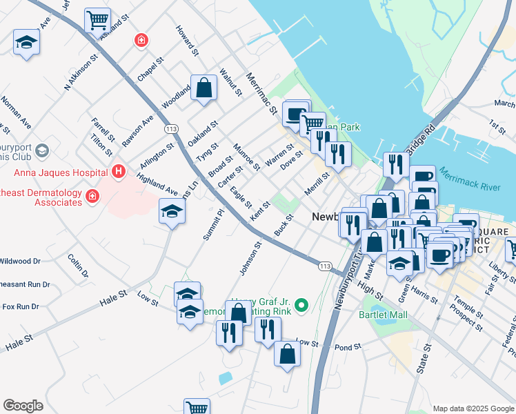 map of restaurants, bars, coffee shops, grocery stores, and more near 56 Kent Street in Newburyport