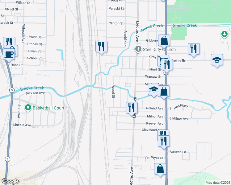 map of restaurants, bars, coffee shops, grocery stores, and more near 56 Wood Street in Lackawanna