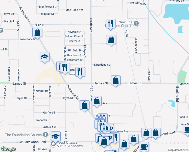 map of restaurants, bars, coffee shops, grocery stores, and more near 507 136th Avenue in Holland
