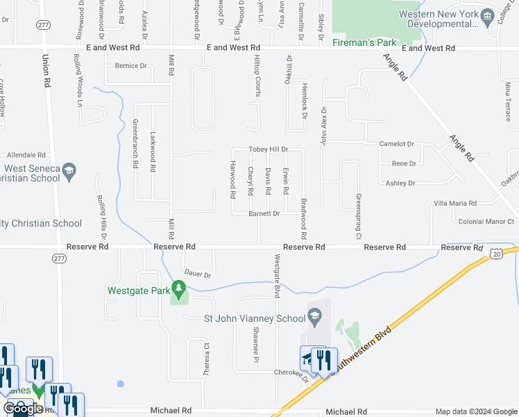 map of restaurants, bars, coffee shops, grocery stores, and more near 54 Barnett Drive in Buffalo