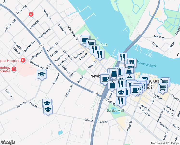 map of restaurants, bars, coffee shops, grocery stores, and more near 4 Congress Street in Newburyport