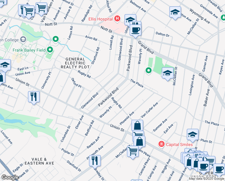 map of restaurants, bars, coffee shops, grocery stores, and more near 1111 Parkwood Boulevard in Schenectady