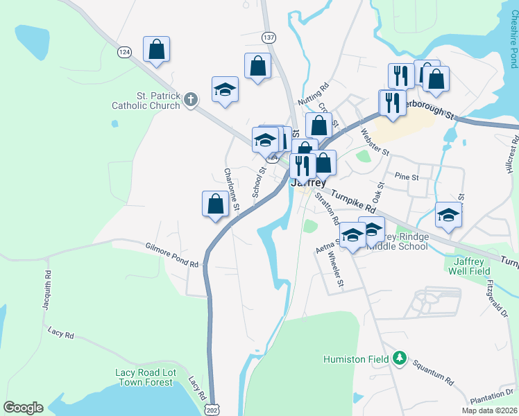 map of restaurants, bars, coffee shops, grocery stores, and more near 33 River Street in Jaffrey