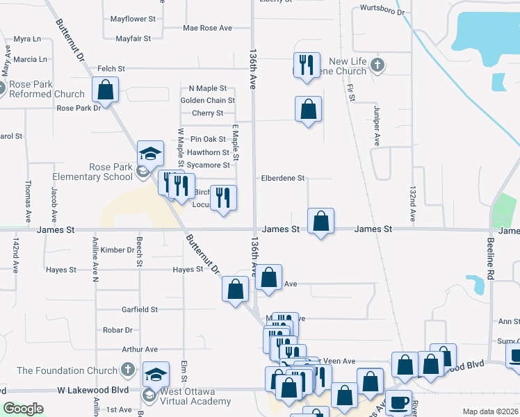 map of restaurants, bars, coffee shops, grocery stores, and more near 507 136th Avenue in Holland