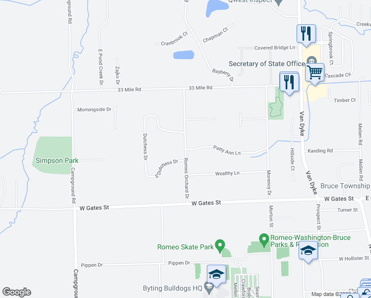 map of restaurants, bars, coffee shops, grocery stores, and more near Romeo Orchard Drive in Macomb