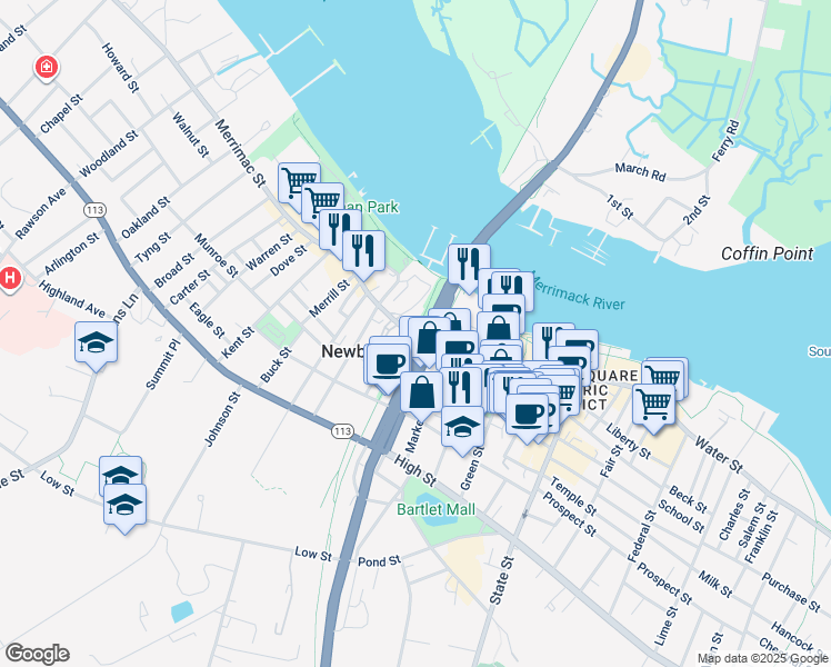 map of restaurants, bars, coffee shops, grocery stores, and more near 92 Merrimac Street in Newburyport