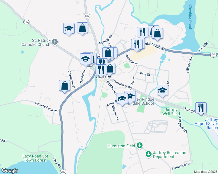 map of restaurants, bars, coffee shops, grocery stores, and more near 22 Stratton Road in Jaffrey