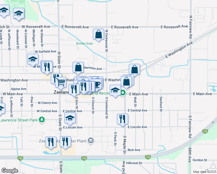 map of restaurants, bars, coffee shops, grocery stores, and more near 315 East Main Avenue in Zeeland