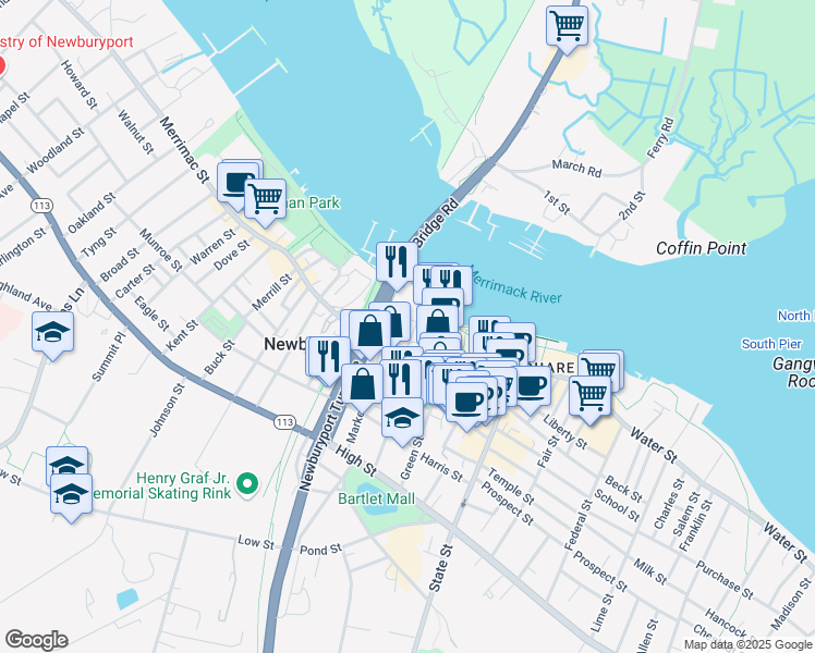 map of restaurants, bars, coffee shops, grocery stores, and more near 78-80 Merrimac Street in Newburyport