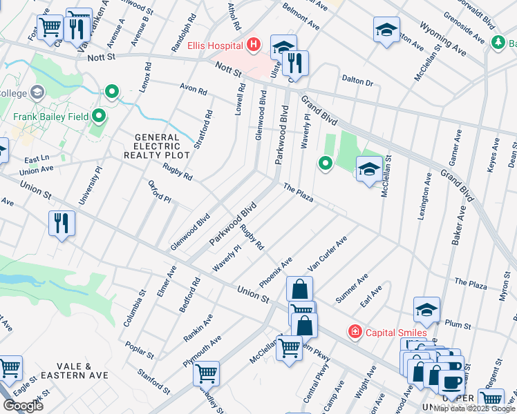 map of restaurants, bars, coffee shops, grocery stores, and more near 1142 Parkwood Boulevard in Schenectady