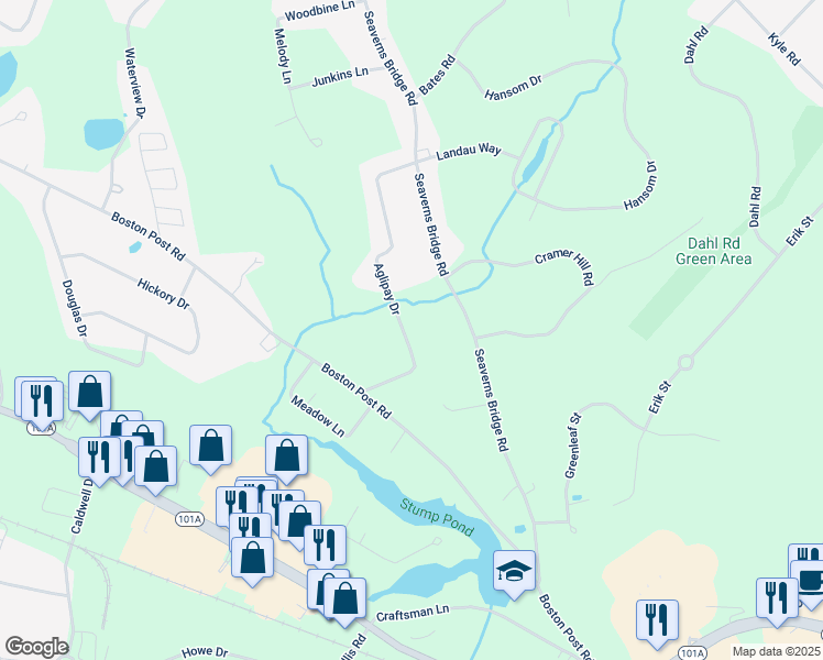 map of restaurants, bars, coffee shops, grocery stores, and more near 11 Aglipay Drive in Amherst