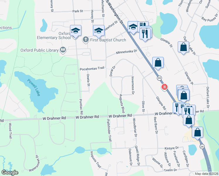 map of restaurants, bars, coffee shops, grocery stores, and more near 845 Doral Drive in Oakland County