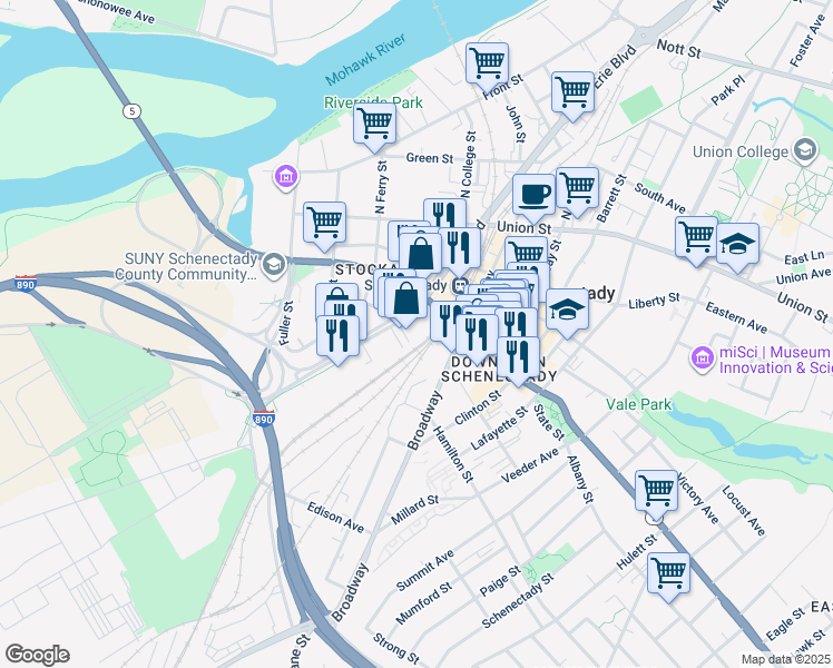 map of restaurants, bars, coffee shops, grocery stores, and more near 192 Erie Boulevard in Schenectady