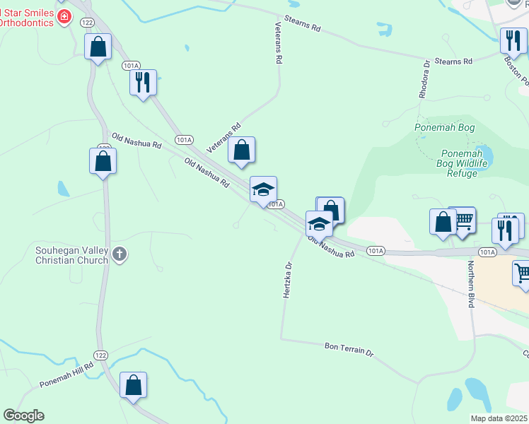map of restaurants, bars, coffee shops, grocery stores, and more near 37 Old Nashua Road in Amherst