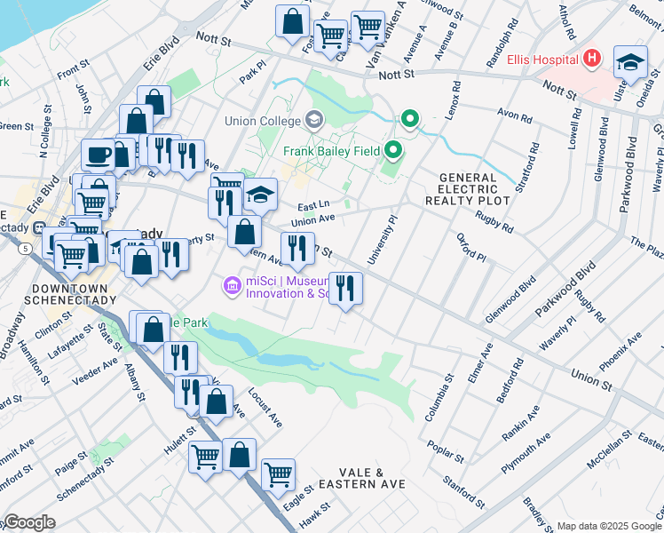 map of restaurants, bars, coffee shops, grocery stores, and more near 844 Union Street in Schenectady