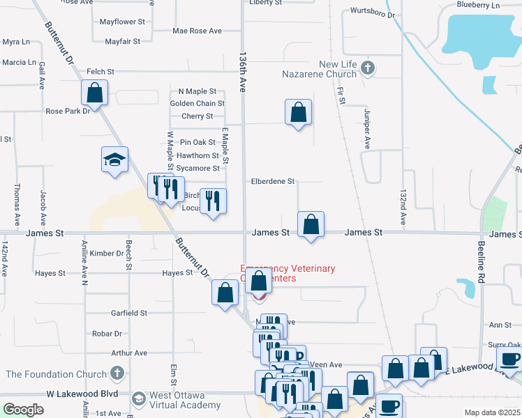map of restaurants, bars, coffee shops, grocery stores, and more near 507 136th Avenue in Holland