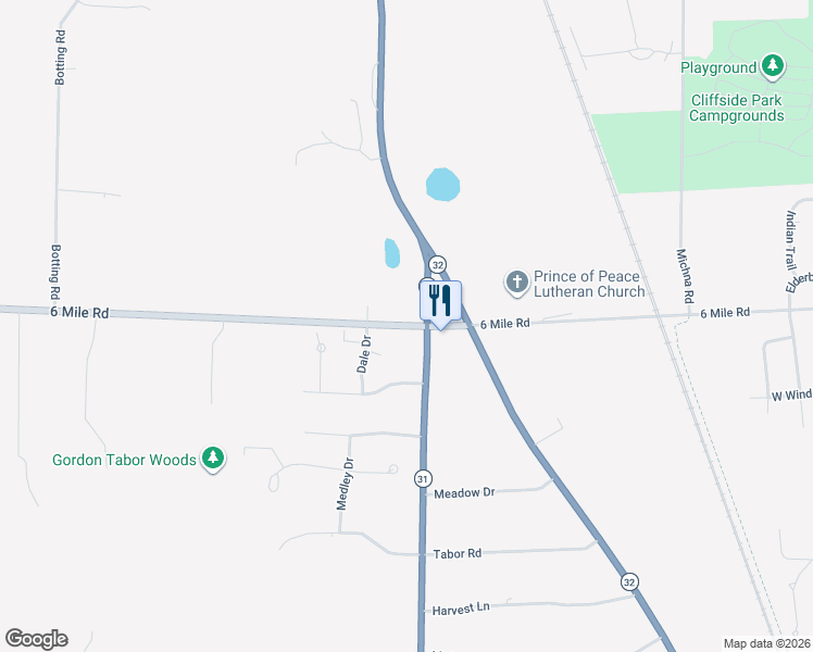 map of restaurants, bars, coffee shops, grocery stores, and more near 6 Mile Road in Racine
