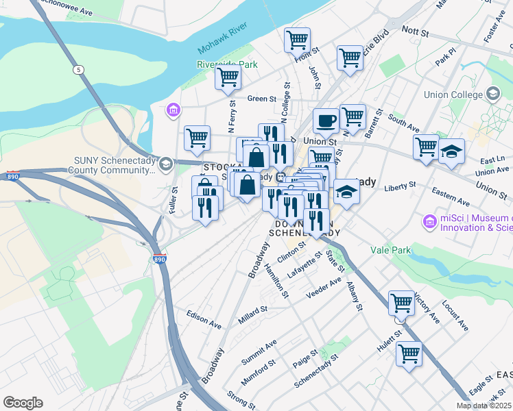 map of restaurants, bars, coffee shops, grocery stores, and more near 192 Erie Boulevard in Schenectady