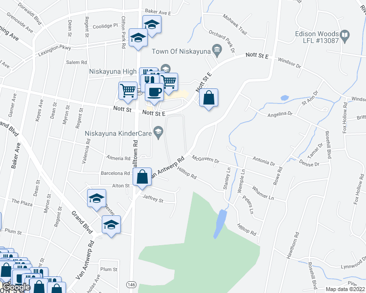 map of restaurants, bars, coffee shops, grocery stores, and more near 1365 Van Antwerp Road in Schenectady