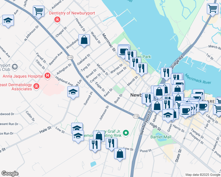 map of restaurants, bars, coffee shops, grocery stores, and more near 56 Kent Street in Newburyport