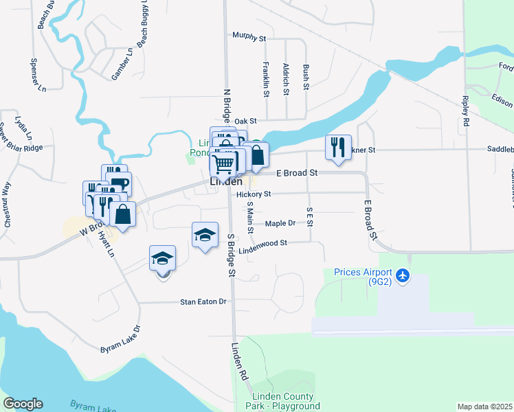 map of restaurants, bars, coffee shops, grocery stores, and more near 203 South Main Street in Linden