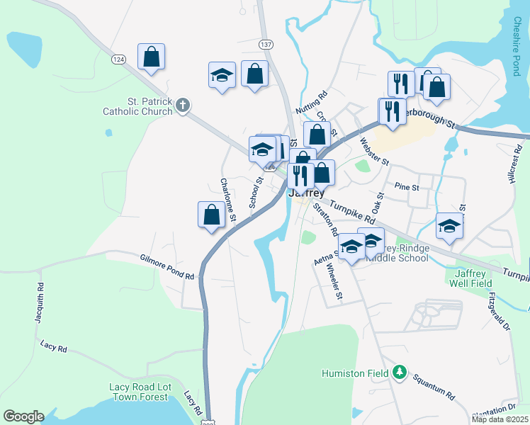 map of restaurants, bars, coffee shops, grocery stores, and more near 29 River Street in Jaffrey