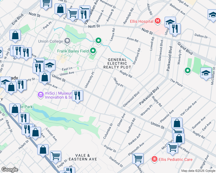 map of restaurants, bars, coffee shops, grocery stores, and more near 1057 Brierwood Boulevard in Schenectady