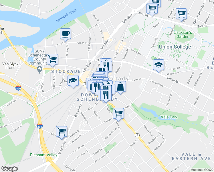 map of restaurants, bars, coffee shops, grocery stores, and more near 430 Franklin Street in Schenectady