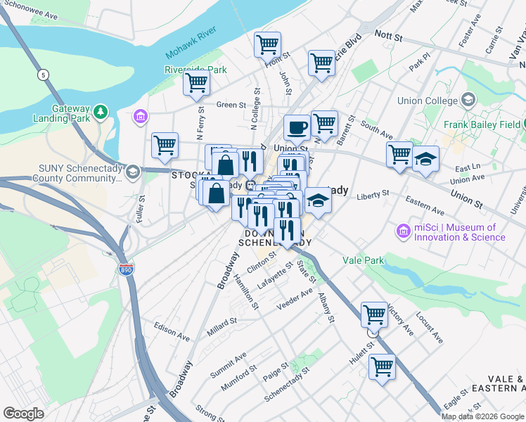 map of restaurants, bars, coffee shops, grocery stores, and more near 400 State Street in Schenectady