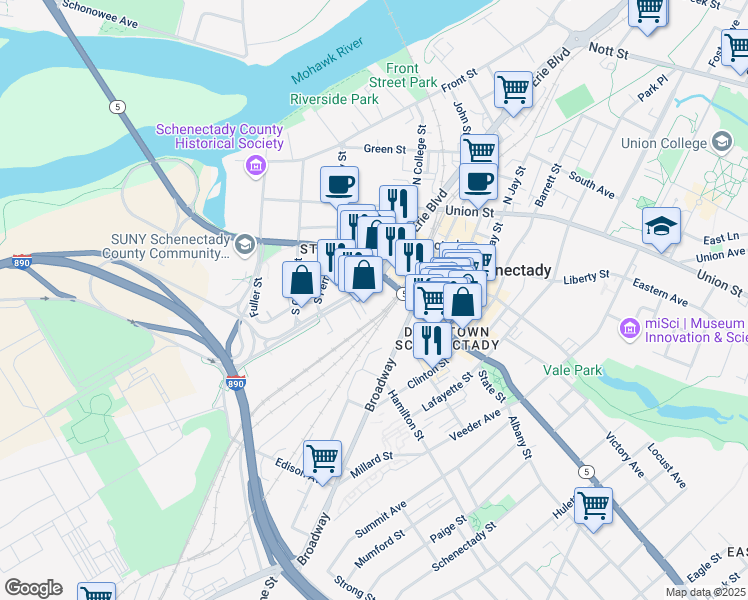 map of restaurants, bars, coffee shops, grocery stores, and more near 192 Erie Boulevard in Schenectady