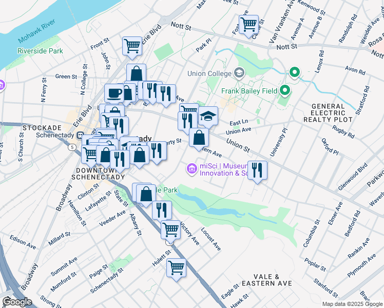 map of restaurants, bars, coffee shops, grocery stores, and more near 4 Nott Terrace Heights in Schenectady