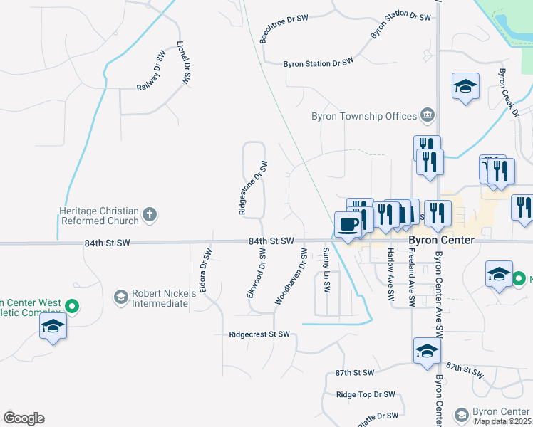 map of restaurants, bars, coffee shops, grocery stores, and more near 8375 Ridgestone Drive Southwest in Byron Center