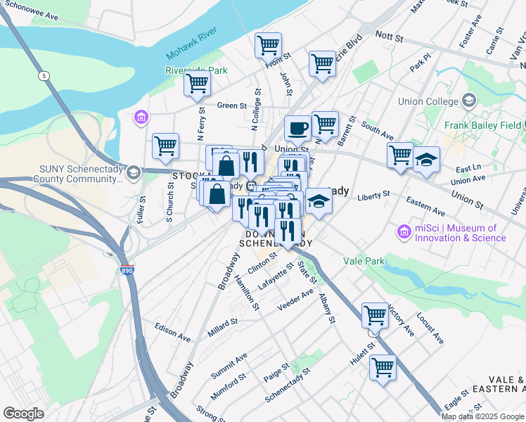map of restaurants, bars, coffee shops, grocery stores, and more near 409 State Street in Schenectady