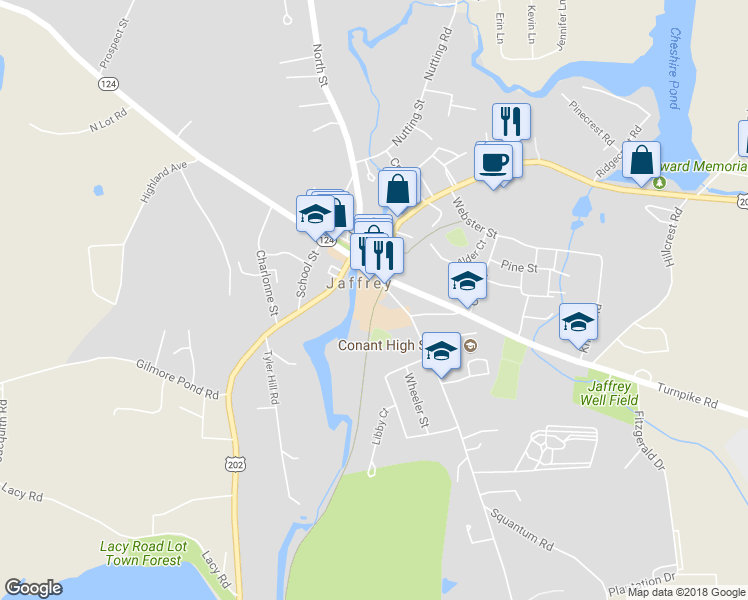 map of restaurants, bars, coffee shops, grocery stores, and more near 9 Blake Street in Jaffrey