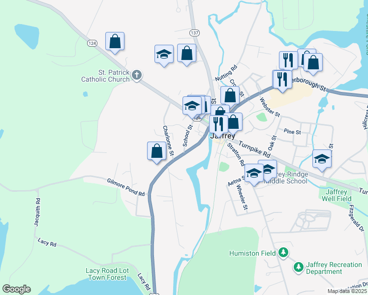 map of restaurants, bars, coffee shops, grocery stores, and more near 18 School Street in Jaffrey