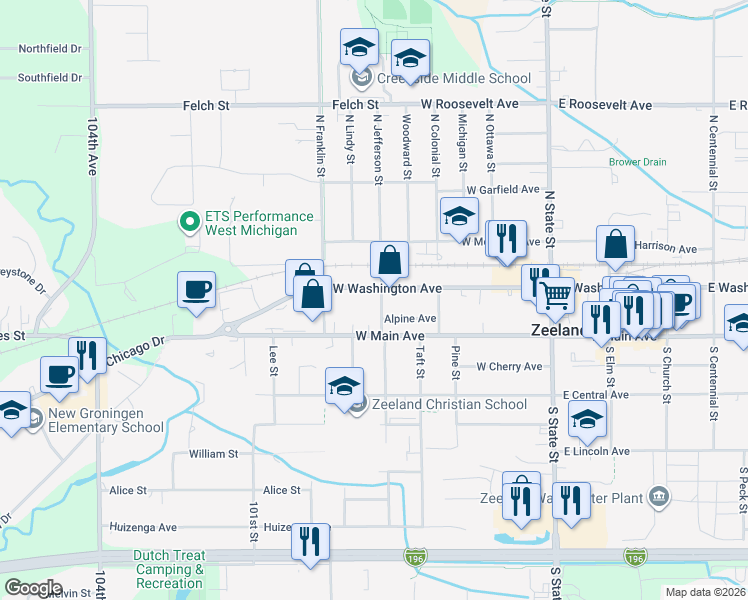 map of restaurants, bars, coffee shops, grocery stores, and more near 36 North Jefferson Street in Zeeland