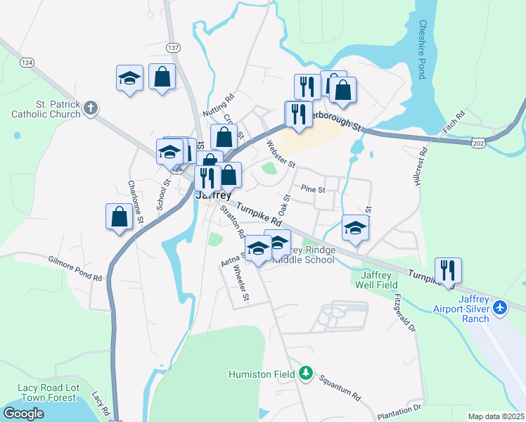 map of restaurants, bars, coffee shops, grocery stores, and more near 9 Ellison Street in Jaffrey