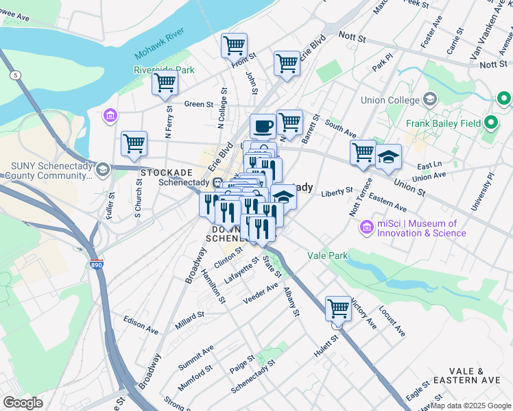 map of restaurants, bars, coffee shops, grocery stores, and more near 433 State Street in Schenectady
