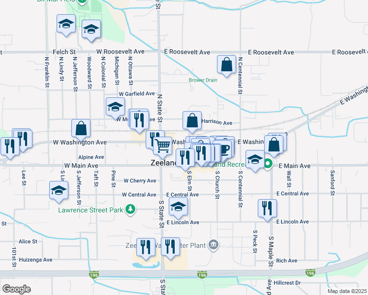 map of restaurants, bars, coffee shops, grocery stores, and more near 18 North Elm Street in Zeeland