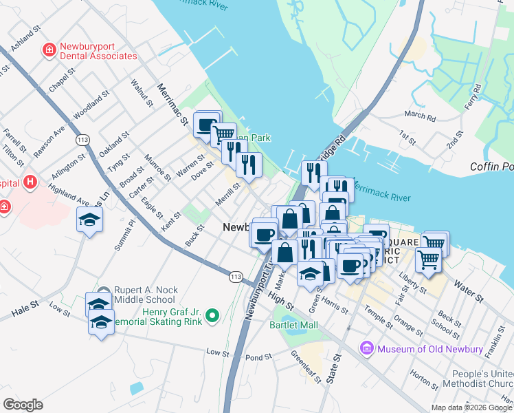 map of restaurants, bars, coffee shops, grocery stores, and more near 119 Merrimac Street in Newburyport