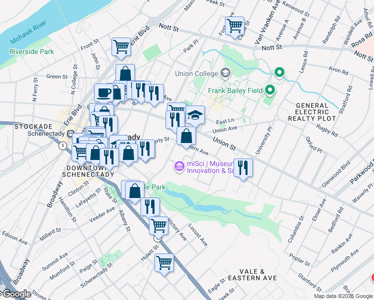 map of restaurants, bars, coffee shops, grocery stores, and more near 107 Nott Terrace in Schenectady