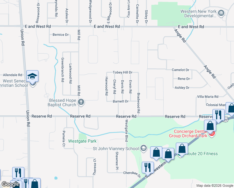 map of restaurants, bars, coffee shops, grocery stores, and more near 54 Barnett Drive in Buffalo