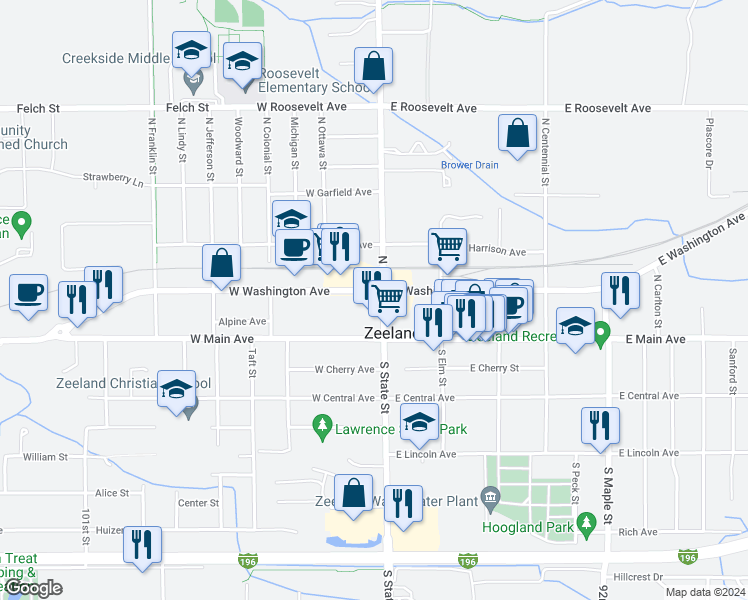 map of restaurants, bars, coffee shops, grocery stores, and more near 2 West Washington Avenue in Zeeland