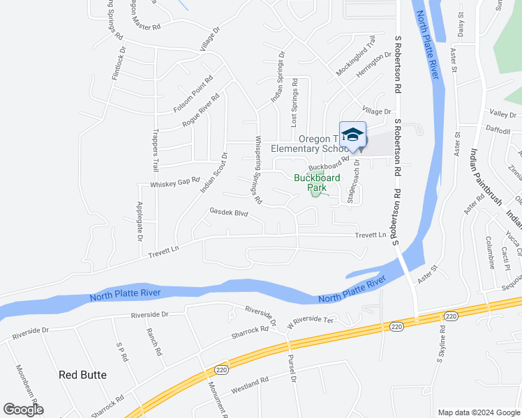 map of restaurants, bars, coffee shops, grocery stores, and more near 3430 Whispering Springs Road in Casper